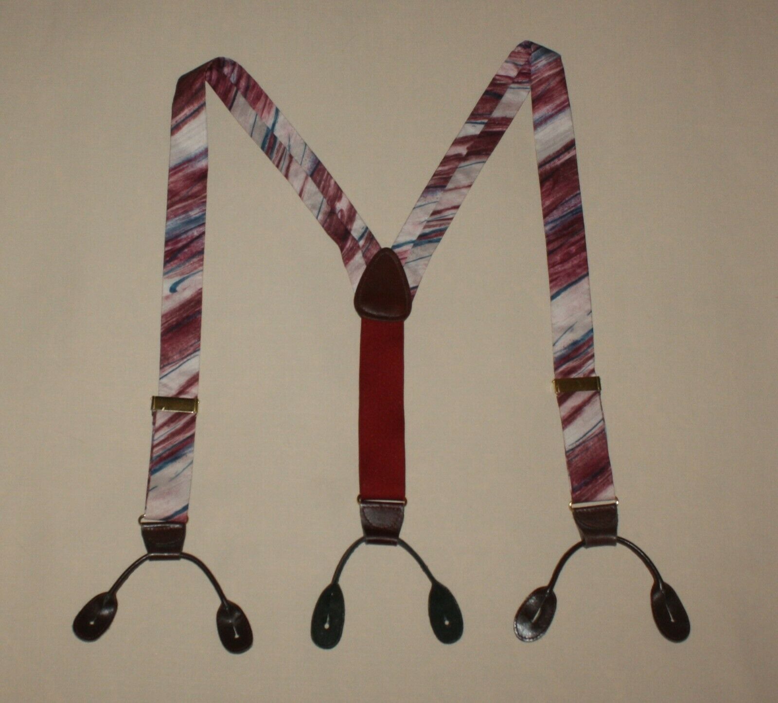 Adjustable Braces Button Suspenders Abstract Maroon Red Leather Elastic