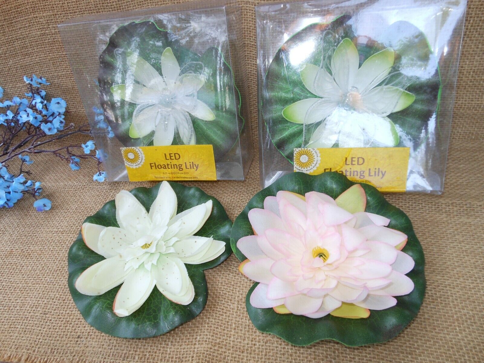 2 Led Floating Lily With Butterfly & 2 Floating Lotus ~ Ponds, Pools, Fountains