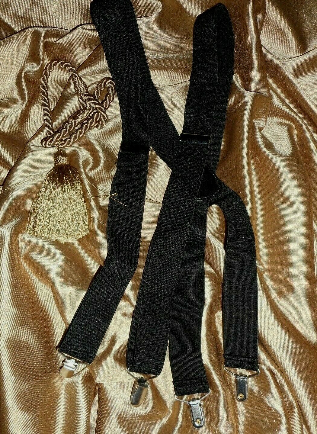 Suspenders Clip-on Black Elastic Silvertone Fittings