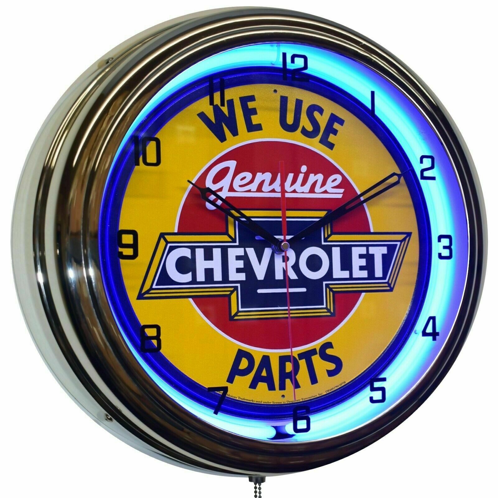 16" We Use Genuine Chevrolet Parts Sign Blue Neon Clock Chevy